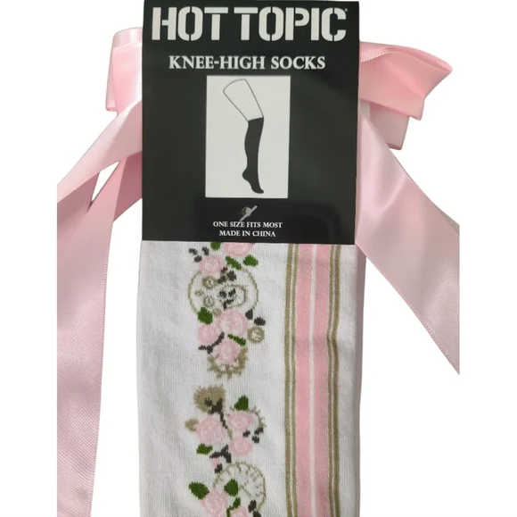 Hot Topic Pink and White Floral Knee-high Socks With Pink Ribbon Bow O/S - Picture 2 of 4